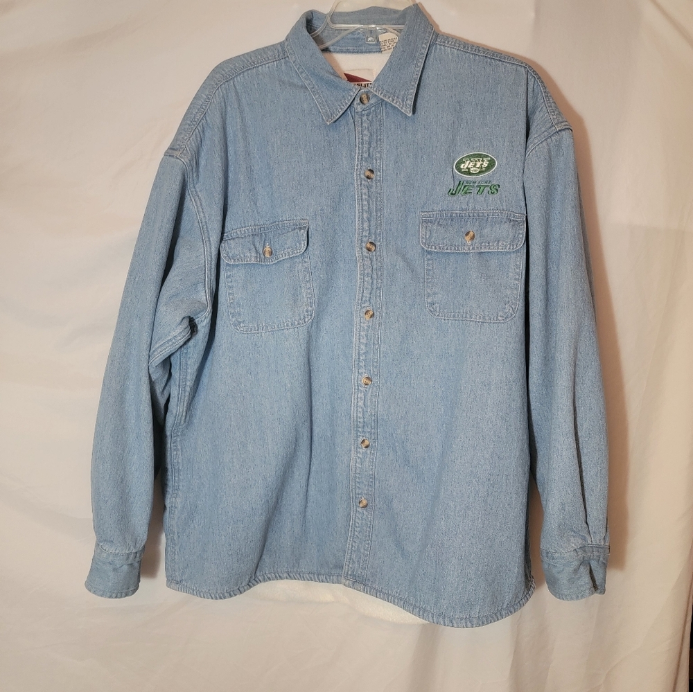 VTG Pro Elite Fleece New York Jets NFL Embroidered Logo Button Down Shirt Blue